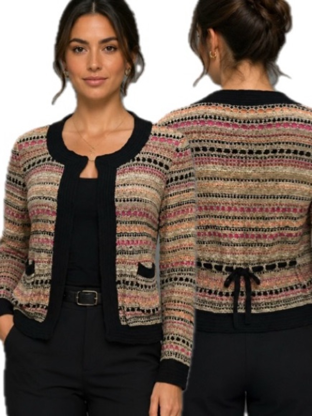 Nic & Zoe Aztec Striped Knit Open Cardigan Size M Patch Pocket Office Sweater